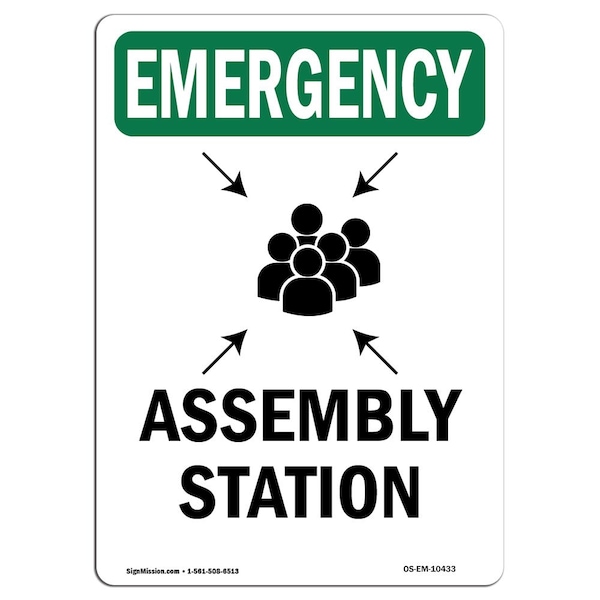 Safety Sign, OSHA EMERGENCY, 5" Height, Assembly Station, Portrait, 10PK